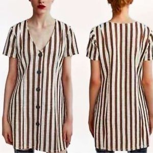 Zara Trafaluc Brown White Cream Vertical Stripe V-Neck Mini Button Down Dress